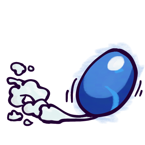  A drawing of Sonic the Hedgehog preforming the Spin Dash. He spins rapidly in place, appearing as an angled blue oval with clouds of smoke trailing behind him.